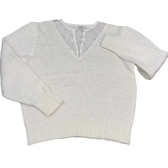 Vintage Charlotte VanHorne Cream Sweater Medium‎ Lace Pearl Embellished 80s - Picture 2 of 9